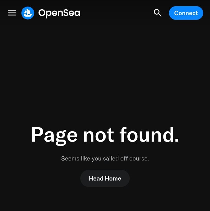 Screenshot of an OpenSea 404 'Page not found' error message with the tagline 'Seems like you sailed off course' and a 'Head Home' button.