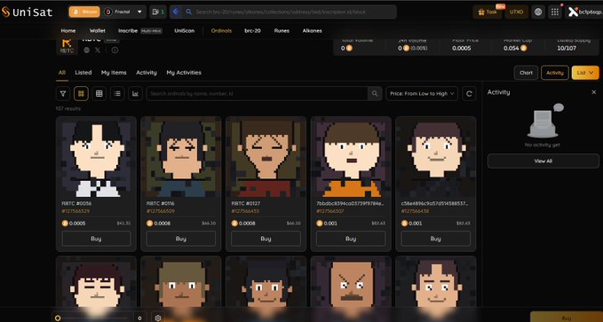 A screenshot of the UniSat marketplace displaying pixel-art Bitcoin Ordinals NFTs for sale, including items labeled 'FBTC #5056' and 'Bug'.