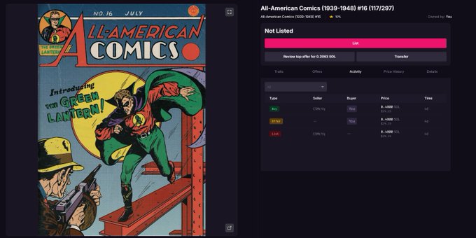 A digital marketplace listing for 'All-American Comics (1939-1948) #16 (11/1940)' showing the cover featuring 'The Green Lantern!' alongside order book data on the right.