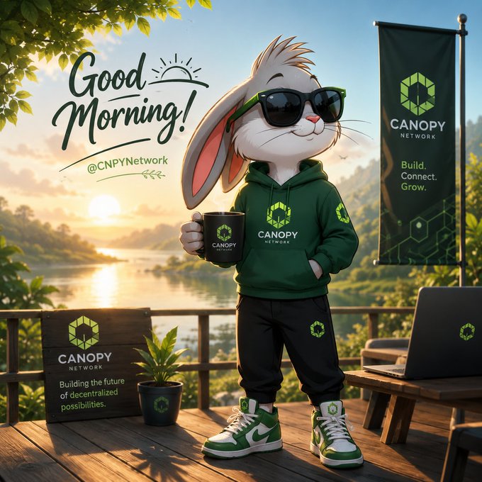 A digital illustration of a white rabbit wearing green 'CANOPY NETWORK' branded clothing and sunglasses, holding a mug on a balcony at sunrise, with a 'Good Morning!' message and the handle '@CNPYNetwork' displayed, alongside a banner reading 'Build. Connect. Grow.'