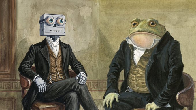 An illustration depicts a robot and a frog dressed in formal Victorian-era suits and waistcoats sitting side by side like dignified gentlemen.