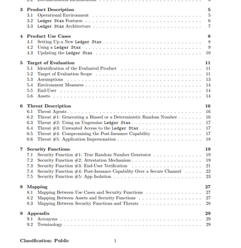 This image shows a table of contents page from a classified technical document (marked "Classification: Public" at the bottom), detailing sections on Product Description, Use Cases, Threat Evaluation, Security Functions, and Mapping for what appears to be a Ledger Stax hardware wallet documentation (pages covering topics like Secure Element, RNG, and Isolation functions). It relates to the post about randomness in cryptography by likely providing the formal security architecture reference where the Coldcard vulnerability was rooted in inadequate implementation of these foundations.