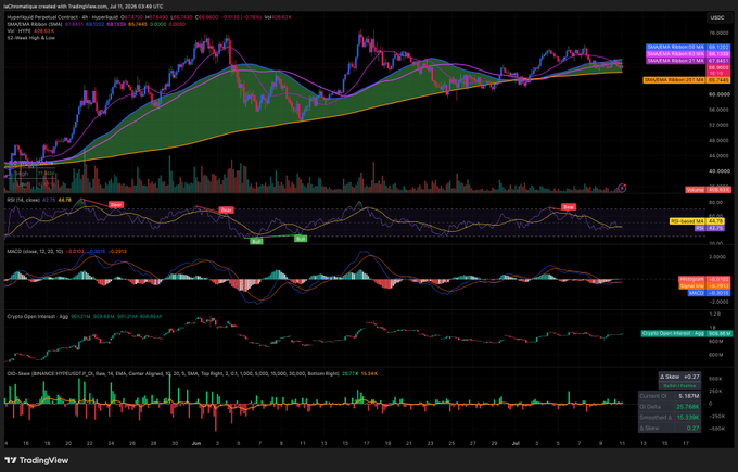 A TradingView chart of MCDonald's stock on Hyperliquid Perpetual Contract - 4H timeframe, showing the price action around $317-318 with various technical indicators including RSI, MACD, and Crypto Open Interest.