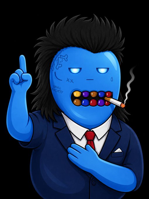 A cartoon illustration of a blue character with black spiky hair, wearing a suit and red tie, smoking a cigarette and raising a finger.