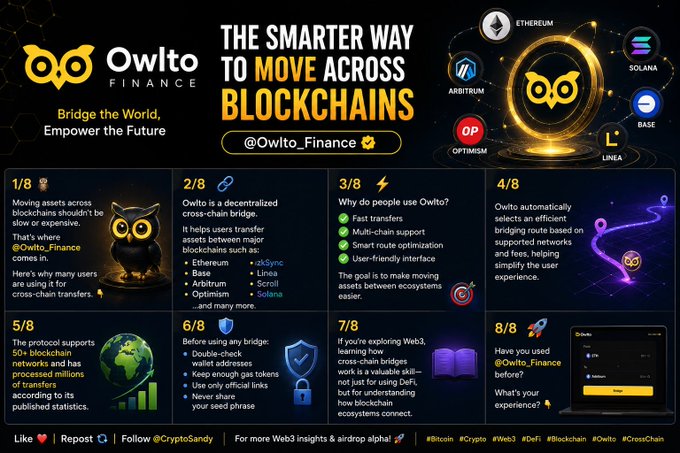 A promotional infographic for 'Owlto Finance', a decentralized cross-chain bridge, highlighting its 'Smarter Way to Move Across Blockchains' across networks like Ethereum, Arbitrum, Optimism, Base, and Solana.