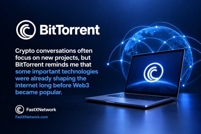 A blue-themed promotional graphic for BitTorrent featuring the text 'Crypto conversations often focus on new projects, but BitTorrent reminds me that some important technologies were already shaping the internet long before Web3 became popular', along with the FastXNetwork logo and website.