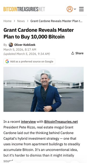 A mobile screenshot of a BitcoinTreasuries.net article headlined "Grant Cardone Reveals Master Plan to Buy 10,000 Bitcoin" by Oliver Koblizek, featuring a photo of Cardone in a blue suit posing in front of a private jet. The piece discusses Cardone Capital's hybrid real estate/Bitcoin investment strategy, which aligns with the post thanking BitcoinTreasuries for covering Cardone's RE/BTC hybrid approach.