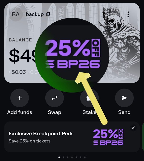 Crypto app screen showing "25% BP26" perk and a balance of $49.x, with options for Add funds, Swap, Stake, and Send.