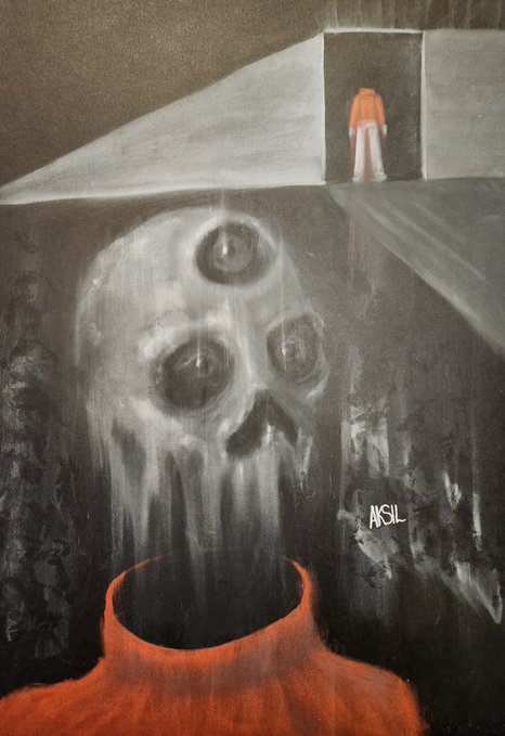 A dark, atmospheric painting showing a figure in orange at the bottom looking toward a doorway where another orange-clad figure stands, with ghostly white skull-like faces in the wall and the signature 'AKSIL'.