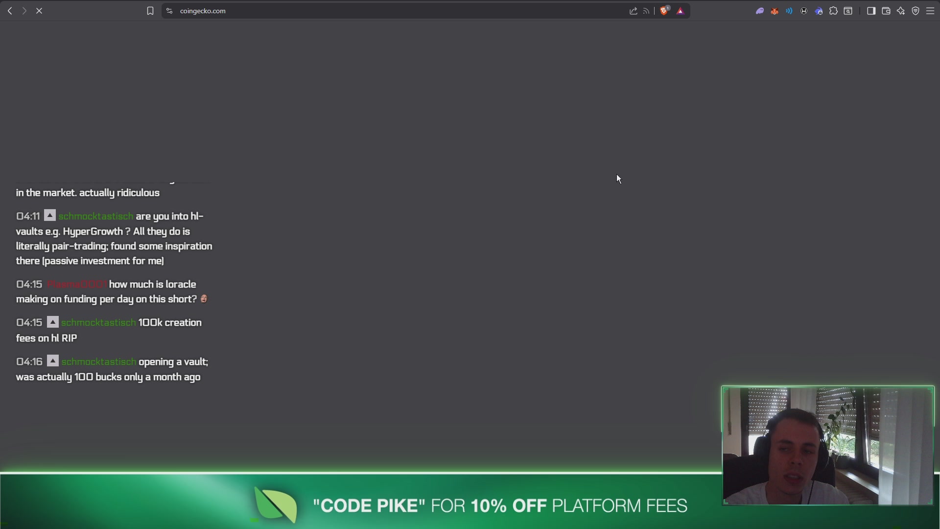 The image shows a computer screen with a green banner at the top that says "CodePike" followed by a 10% off code for a live streaming platform called "PlatformTales". There are two people visible in the image, one person wearing headphones and another person sitting behind them. The background of the image is dark gray, which contrasts with the bright green banner on the screen.