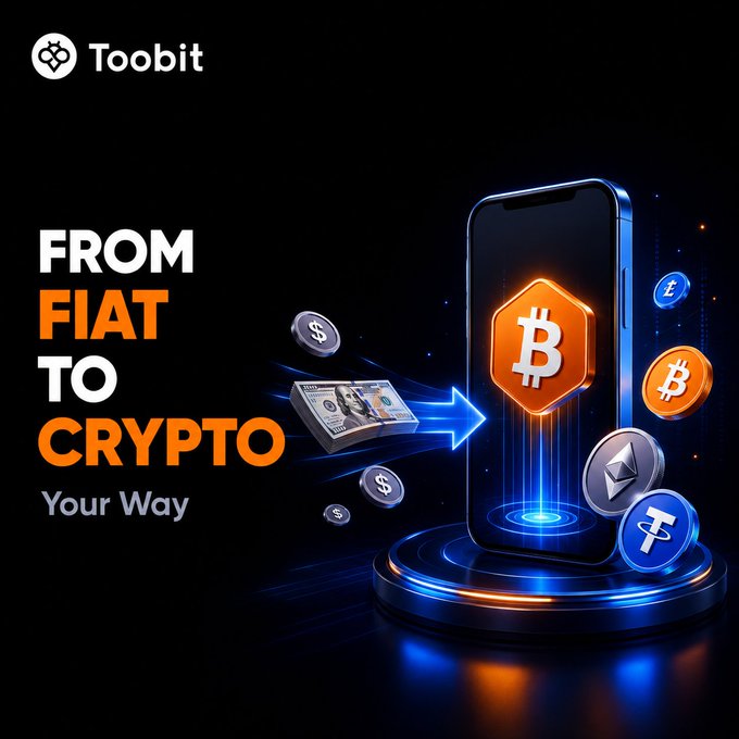 Toobit advertisement with the text 'FROM FIAT TO CRYPTO Your Way' showing cash being converted into various cryptocurrencies on a smartphone display.