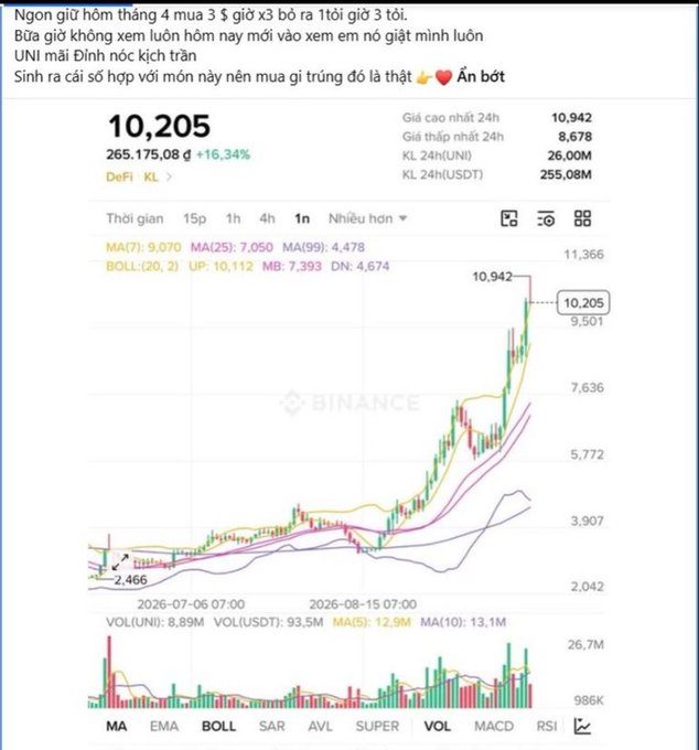 A Binance price chart showing DeFi KL token at 10,205 USDT with a 16.34% increase, accompanied by Vietnamese text describing a trading strategy.