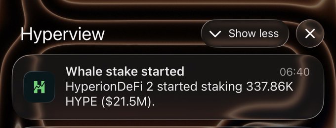 The image shows a screenshot of a phone screen with a notification from a messaging app, Hyperview, about a whale stake that was started at the time shown on the alert box. The notification contains details about the stake type and amount involved, as well as an update regarding its return date. This information is important for individuals to understand their investment in the cryptocurrency market or track the progress of such an investment.