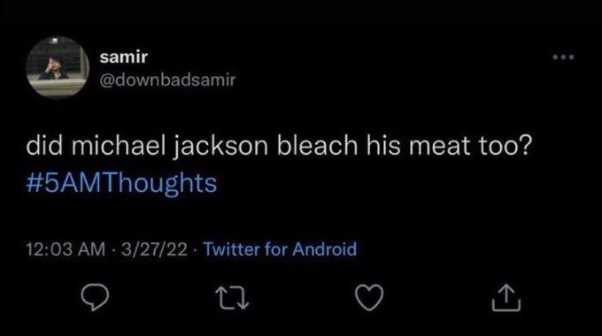 A tweet from @downbadsamir reads, 'did michael jackson bleach his meat too? #5AMThoughts', posted at 12:03 AM on 3/27/22 via Twitter for Android.