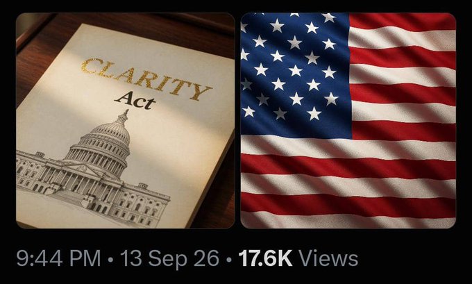 A graphic showing the 'CLARITY Act' document next to an American flag, with timestamp '9:44 PM • 13 Sep 26 • 17.6K Views'.