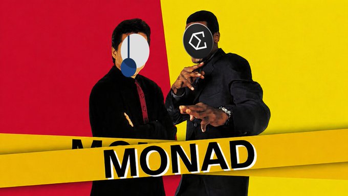 A split red and yellow graphic features two men in suits whose faces are replaced with logos—Crypto.com on the left and Ethena (sUSDe) on the right—holding props, with a bold "MONAD" banner across the bottom and "1.98M $MON" referencing the Monad giveaway. The image visually mirrors the post's "Rush Hour" metaphor by casting Ethena as "Chris Tucker" alongside Monad as the adventure partner, promoting the 1.98M $MON two-week promotion.