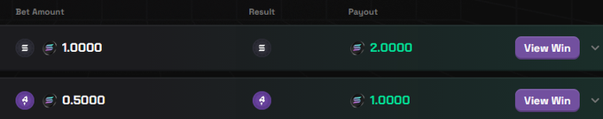 A betting results screen shows a successful 0.5000 SOL bet on "solpump" that yielded a 2.0000 payout, doubling the wager. The interface displays "View Win" buttons beside each entry, visually confirming the user's claim of doubling their initial 0.5 SOL investment.