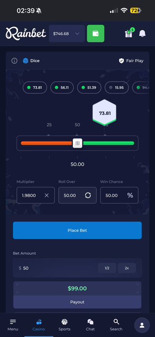 A Rainbet mobile casino interface showing a Dice game with a multiplier of 1.9800x, $50 bet amount, $99.00 potential payout, and Win Chance of 50.00%, with account balance of $746.68.