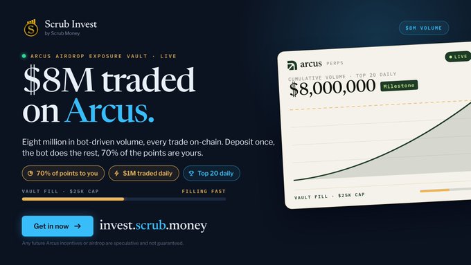 A dark-themed digital banner for 'Scrub Invest' by Scrub Money, advertising an 'ARCUS AIRDROP EXPOSURE VAULT' with text stating '$8M traded on Arcus' and a milestone marker.