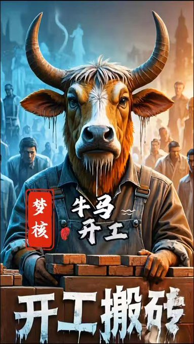 A digitally illustrated anthropomorphic ox wearing overalls carries a stack of bricks, set against a backdrop of blurred workers and city skyline, with bold Chinese text reading "梦核 牛马开工 开工搬砖" (Dreamcore, Oxen and Horses Back to Work, Hauling Bricks). The image humorously visualizes the post's lament about returning to grueling labor after the National Day holiday—contrasting grand ribbon-cutting ceremonies others enjoy with the speaker's own "brick-hauling" grind, embodied by the weary, working-class ox mascot that perfectly captures the slang "牛马" (oxen and horses) used to describe overworked laborers.