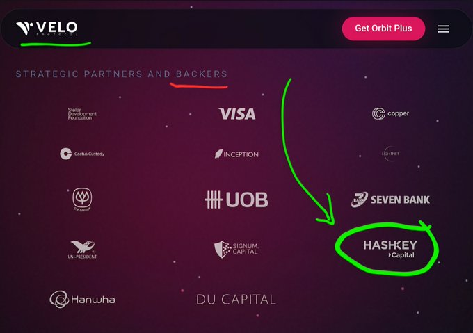 The image shows Velo Labs' "Strategic Partners and Backers" page, featuring logos for Visa, UOB, Inception, Seven Bank, and others, with HashKey Capital circled in green. This visually supports the post's claim by highlighting HashKey Capital as one of Velo's notable backers, reinforcing the connection between the two firms within Asia's growing on-chain finance ecosystem.
