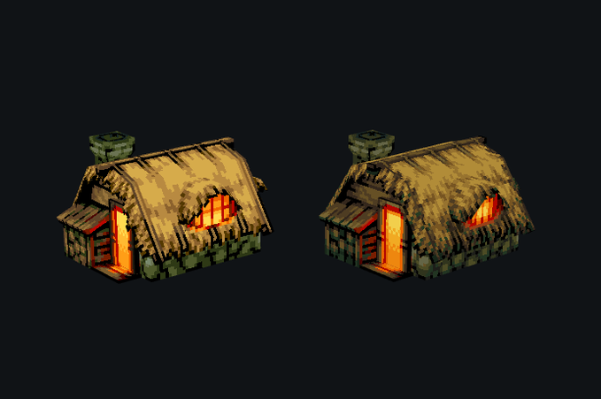 A pixel-art 1x1 village hut shown in two slightly different versions side by side, featuring a thatched roof, stone chimney, and warm glowing windows and doorway against a dark background.