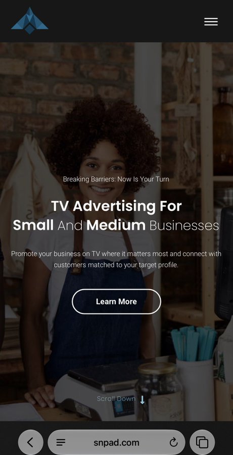 A mobile webpage for SNIPAD shows a TV advertising hero image and the headline “TV Advertising For Small And Medium Businesses,” with “Learn More,” “Scroll Down,” and the URL “snpad.com.”
