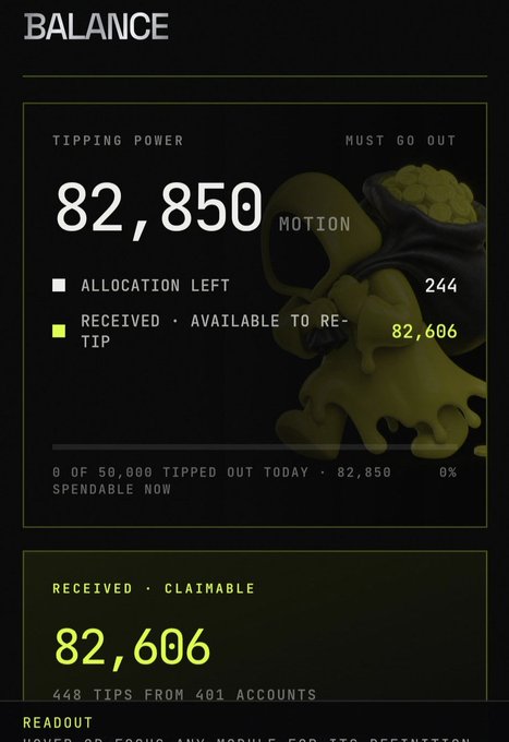 The image shows a "BALANCE" dashboard displaying a "TIPPING POWER" of 82,850 MOTION tokens, with 244 "ALLOCATION LEFT" and 82,606 "RECEIVED · AVAILABLE TO RE-TIP," alongside a "RECEIVED · CLAIMABLE" total of 82,606 from 448 tips across 401 accounts. This relates to the post by advertising a limited $MOTION token airdrop, highlighting the platform's tipping metrics as proof of its reward distribution system.