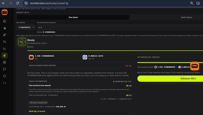 A screenshot of the stonbrokers.io 'lockey/smart-lp' interface showing a 'Steady' vault with 3.946 STONBROKER and 0.009223 WETH, and a 'Withdraw 100%' button.