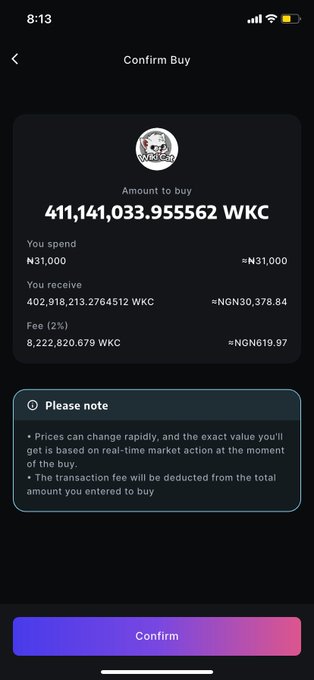 A mobile app 'Confirm Buy' screen showing a cryptocurrency purchase of 411,141,033.955562 WKC for ₦31,000, with a Victorious logo at the top.