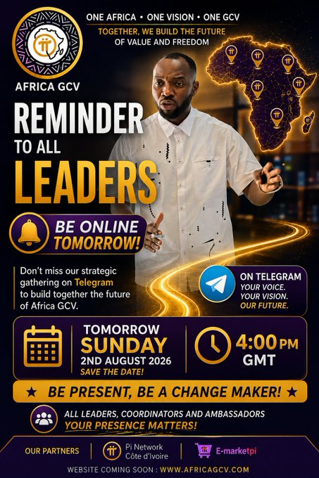 A flyer for 'Africa GCV' announcing a strategic gathering on Telegram for leaders, scheduled for Sunday, August 2nd, 2026, at 4:00 PM GMT.