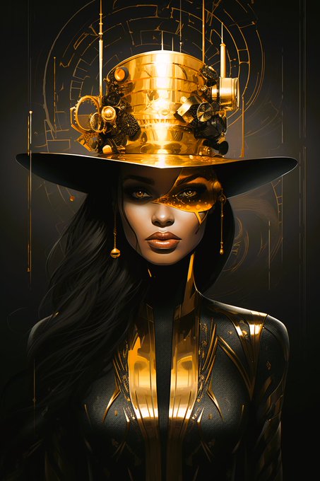 Digital artwork of a woman wearing an elaborate ornate golden hat and matching gold and black outfit, set against a dark background with circular geometric designs.