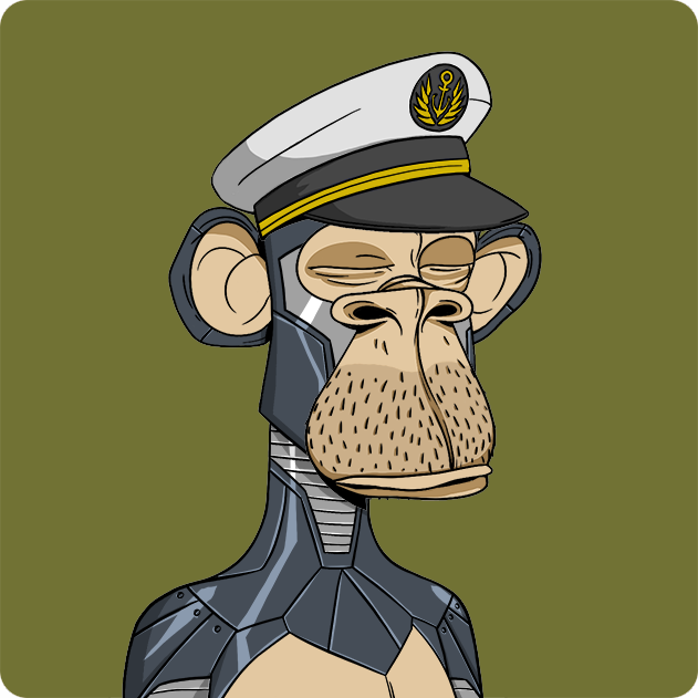 A cartoon illustration of a Bored Ape-style monkey wearing a white naval officer's cap and futuristic dark armor against an olive green background.