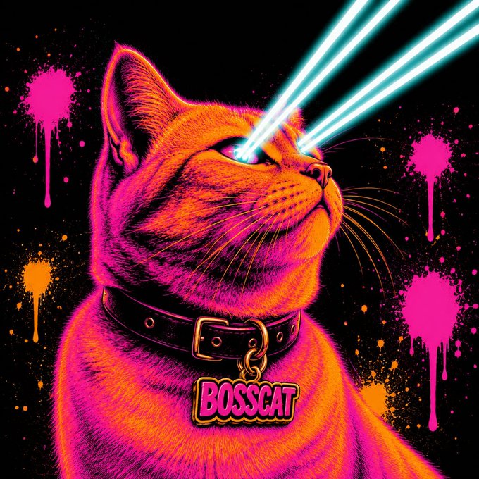 A stylized neon illustration of an orange cat wearing a collar with a gold 'BOSSCAT' tag, shooting laser beams from its eyes against a black background with pink and orange paint splatters.