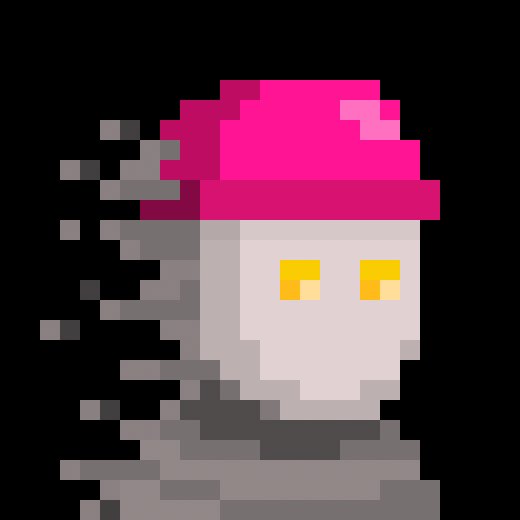 A pixelated digital art piece featuring a white ghost-like figure wearing a pink beanie, with pixels dispersing to the left, set against a black background. The artwork appears to be a stylized collectible token or NFT, likely acquired by the user as suggested by the accompanying post about receiving it.