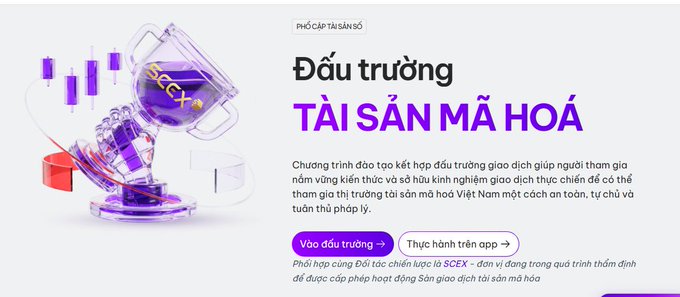A Vietnamese promotional banner for 'TÀI SẢN MÃ HOÁ' (Crypto Assets) featuring a 3D rendered chess piece with purple accents and text inviting users to enter a trading arena.