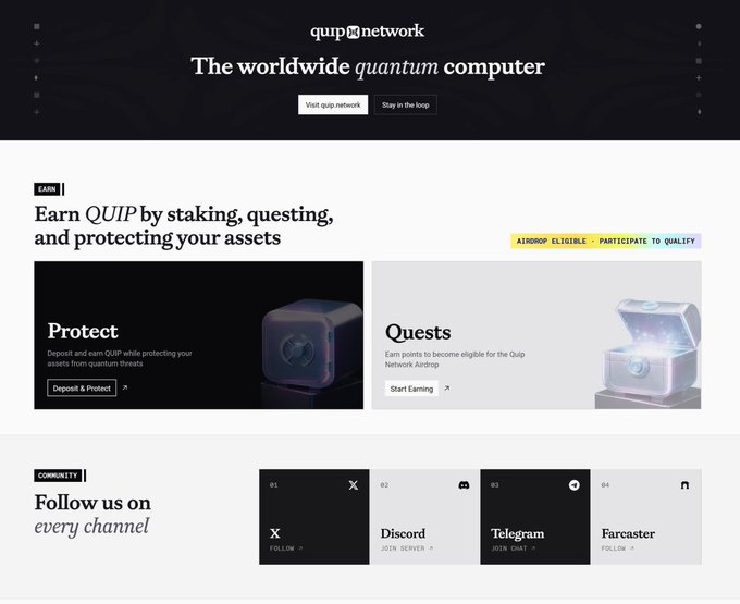 The image shows the QUIP Network website featuring "The worldwide quantum computer" tagline, with sections for earning QUIP through staking ("Protect" and "Quests") and community channels (X, Discord, Telegram, Farcaster), promoting their participation in the ETH Cinco de Mayo Incubathon 2026 alongside the post's announcement about their work on micropayments, supply chain security, and DeFi tools for Mexico.