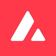 A simple logo on a red square background displays two white triangular shapes, representing the Avalanche (AVAX) cryptocurrency brand.