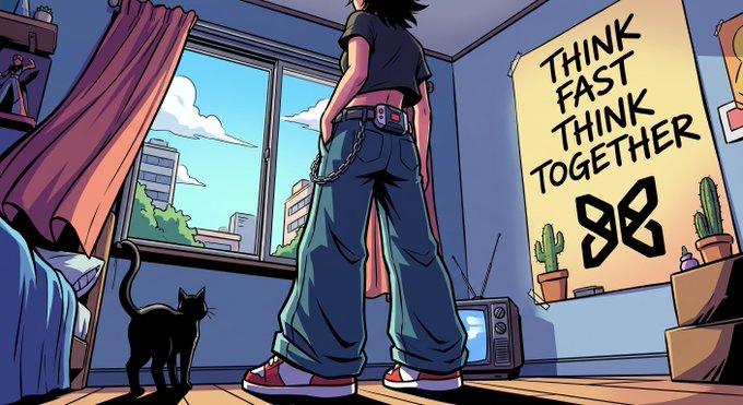 A person in baggy jeans and a black shirt stands in a bedroom looking out the window, with a black cat nearby and a poster reading "THINK FAST THINK TOGETHER 98" on the wall. The image's open, transparent room with visible code and docs mirrors the post's emphasis on Quip Network's commitment to building openly and in public rather than behind closed doors.