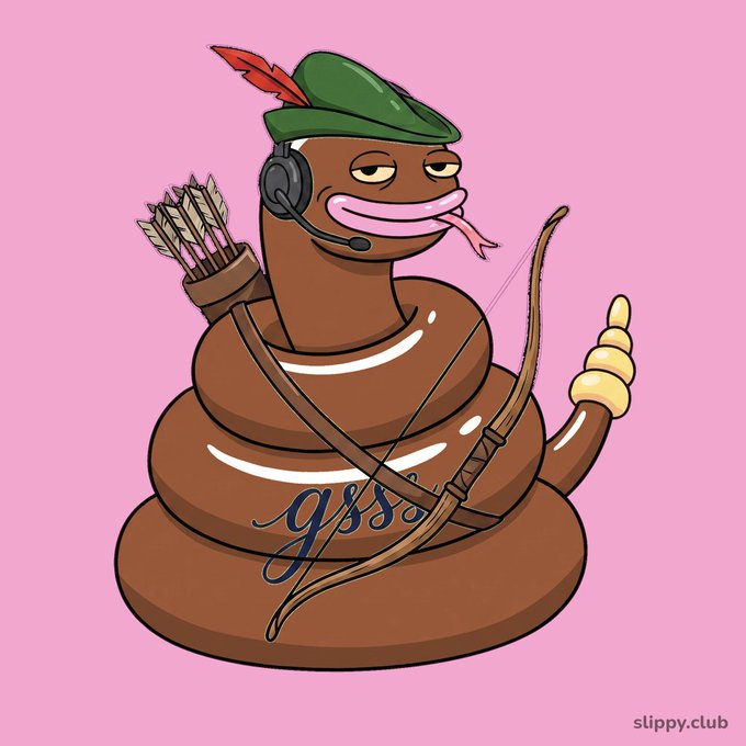 A cartoon illustration of a poop emoji dressed as a medieval archer, wearing a green hat with a red feather, holding a bow and arrows with 'qss' written on it, and the watermark 'slippy.club' on a pink background.