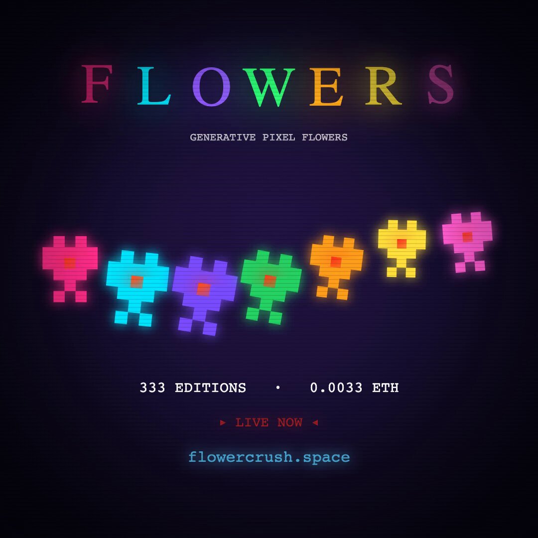 The image features a poster for "Flowers" with a row of colorful pixel flowers, including pink, purple, orange, green, yellow, blue, and red flowers arranged in a line. The text on the poster reads "CORRECTION..... OVER 100 MINTED ALREADY. OMG. FLOWERS ARE FLYING MINT YOURS BEFORE ITS TOO LATE: flowercrush.space". This suggests that there is an issue with the image or its content, possibly related to the flowers being out of focus or having incorrect colors. The poster aims to draw attention to this problem and prompt viewers to take action.
