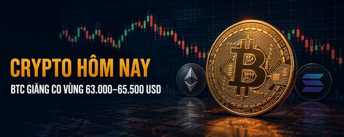 A cryptocurrency-themed graphic with the text 'CRYPTO HÔM NAY' and 'BTC GIẢNG CO HÛNG 63.000-65.500 USD', featuring a large Bitcoin coin and other crypto coins against a candlestick chart background.