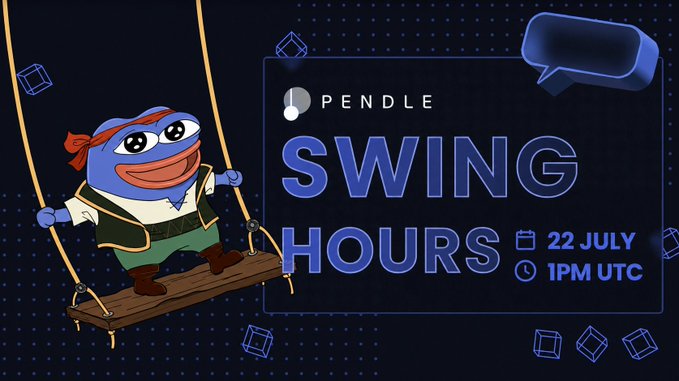A promotional graphic for "PENDLE SWING HOURS" event on 22 July at 1PM UTC, featuring the Pendle mascot (a blue character with a red headband) swinging on a swing against a dark blue dotted background.