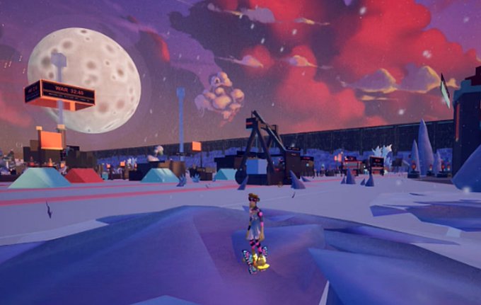 A virtual game environment showing a character standing on snow with a large moon, scoreboard reading 'WAR 12:45', and dramatic pink clouds in the sky.