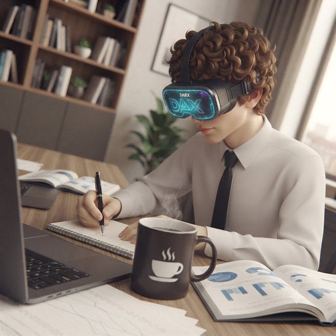 A curly‑haired professional in a shirt and tie works at a desk, wearing a VR headset labeled “DAX” while sipping from a coffee mug, illustrating the AI‑builder ambassador role highlighted in the @keepdotcoffee ecosystem announcement.