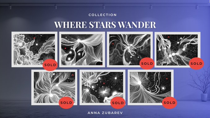 A 'WHERE STARS WANDER' collection page by Anna Zubarev displaying seven cosmic-themed artwork pieces, all marked with red 'SOLD' badges.