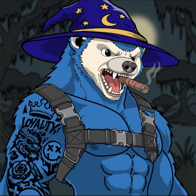 A cartoon illustration of a muscular blue bear wearing a purple wizard hat with stars and a moon, smoking a cigar, with 'LOYALTY' and other tattoos on its arm against a dark forest background.