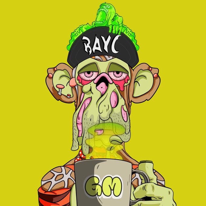 Digital artwork featuring a grotesque, zombie-like character wearing a 'BAYC' cap with a small green ape on top, holding a mug labeled 'GM' against a bright yellow background.