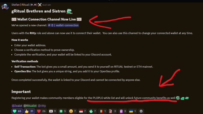 A Discord announcement from 'Stefan | Ritual' titled 'gRitual Brethen and Sistren' about a new '#🅱️| wallet-connection' channel, with red handwritten arrows and underlines highlighting key text.