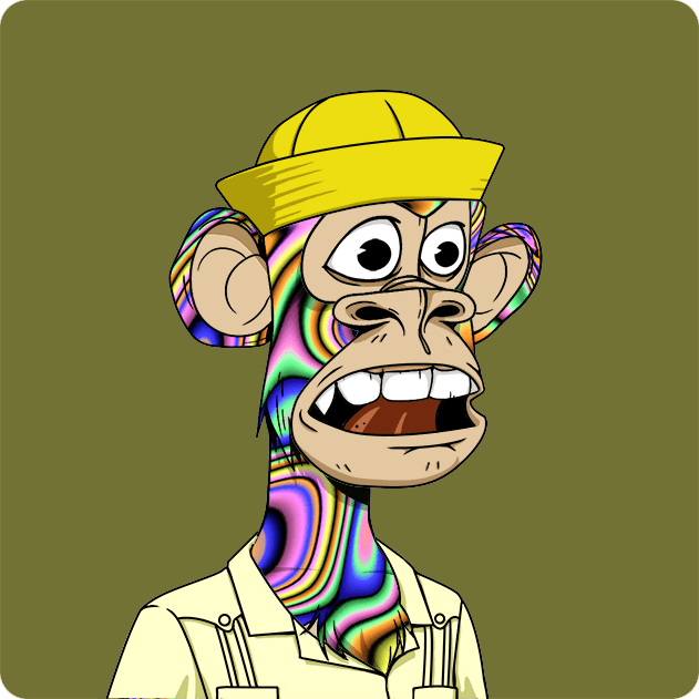 The image features a cartoon monkey wearing a yellow hat, with its mouth open wide as if it's making a funny face or speaking. The monkey appears to be wearing a shirt and has a tie around its neck. The background of the image is green, which contrasts with the colorful attire of the monkey. There are no other objects in the image besides the monkey itself.